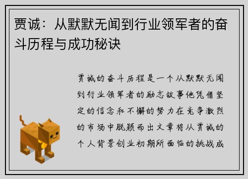贾诚：从默默无闻到行业领军者的奋斗历程与成功秘诀